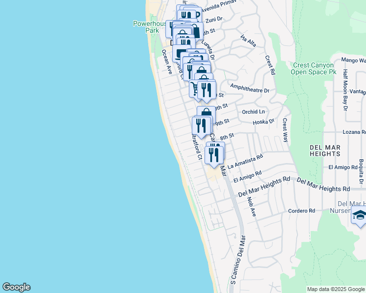 map of restaurants, bars, coffee shops, grocery stores, and more near 110 8th Street in Del Mar