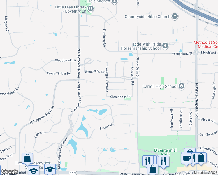 map of restaurants, bars, coffee shops, grocery stores, and more near 816 Helmsley Place in Southlake