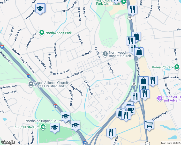 map of restaurants, bars, coffee shops, grocery stores, and more near 2245 Greenridge Road in North Charleston