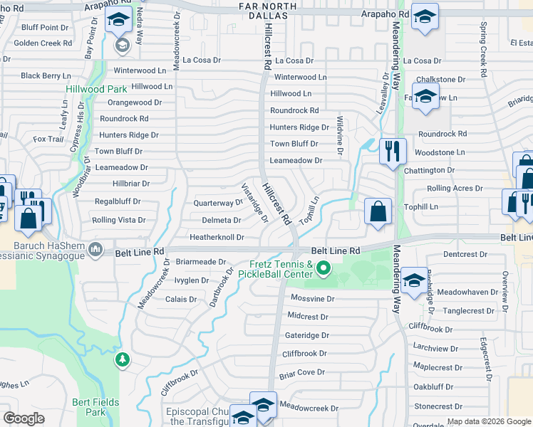 map of restaurants, bars, coffee shops, grocery stores, and more near 14919 Hillcrest Road in Dallas