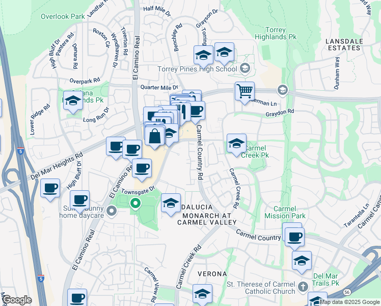 map of restaurants, bars, coffee shops, grocery stores, and more near 12674 Carmel Country Road in San Diego