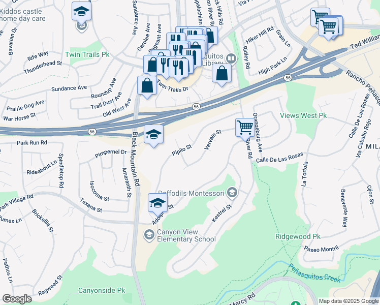 map of restaurants, bars, coffee shops, grocery stores, and more near 9415 Pipilo Street in San Diego