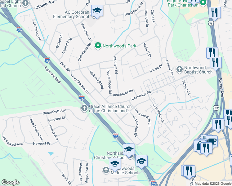 map of restaurants, bars, coffee shops, grocery stores, and more near 8113 Waltham Road in North Charleston