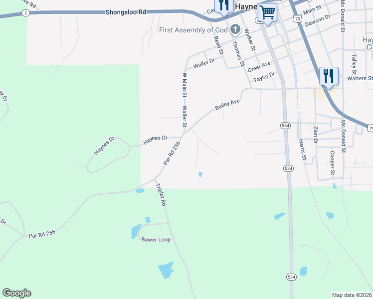 map of restaurants, bars, coffee shops, grocery stores, and more near 500 West Main Street in Haynesville