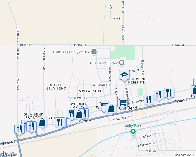 map of restaurants, bars, coffee shops, grocery stores, and more near 512 North Scott Avenue in Gila Bend