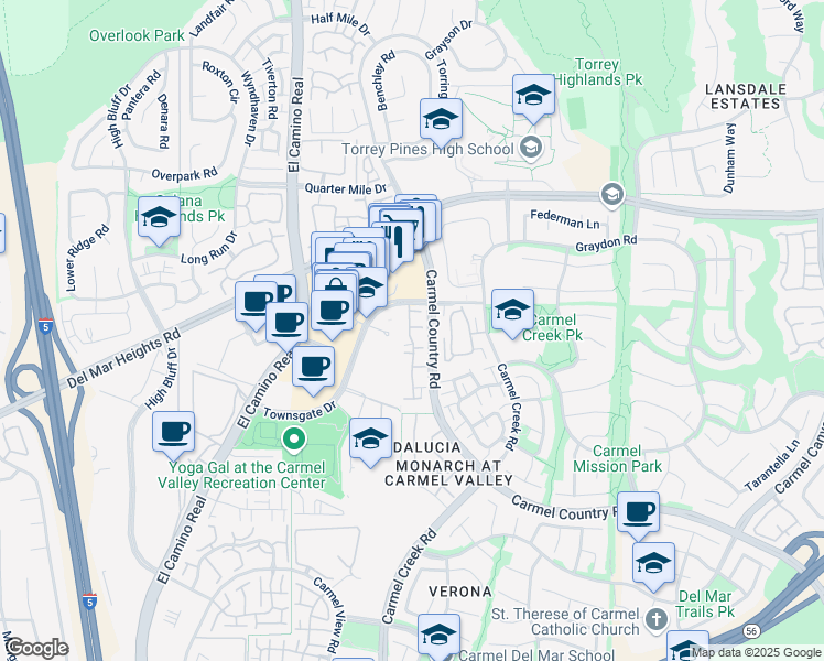 map of restaurants, bars, coffee shops, grocery stores, and more near 12680 Carmel Country Road in San Diego