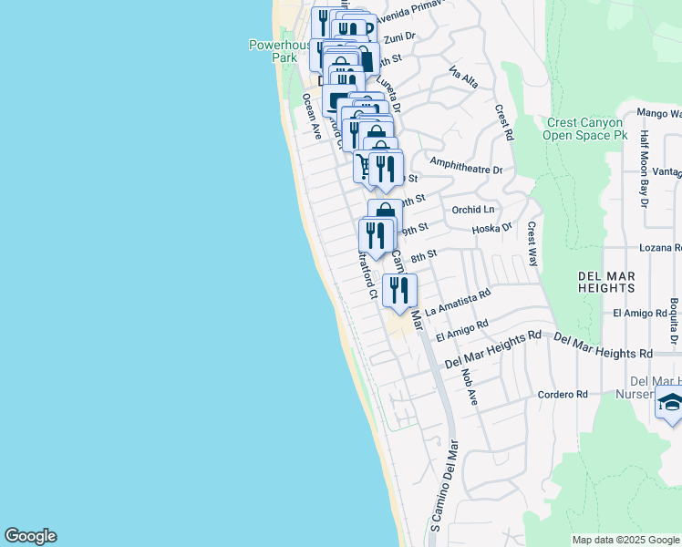 map of restaurants, bars, coffee shops, grocery stores, and more near 110 8th Street in Del Mar