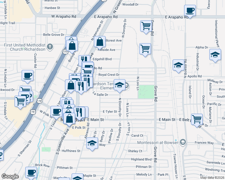 map of restaurants, bars, coffee shops, grocery stores, and more near 428 Terrace Drive in Richardson