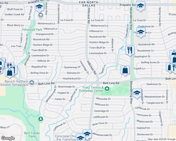 map of restaurants, bars, coffee shops, grocery stores, and more near 14919 Hillcrest Road in Dallas