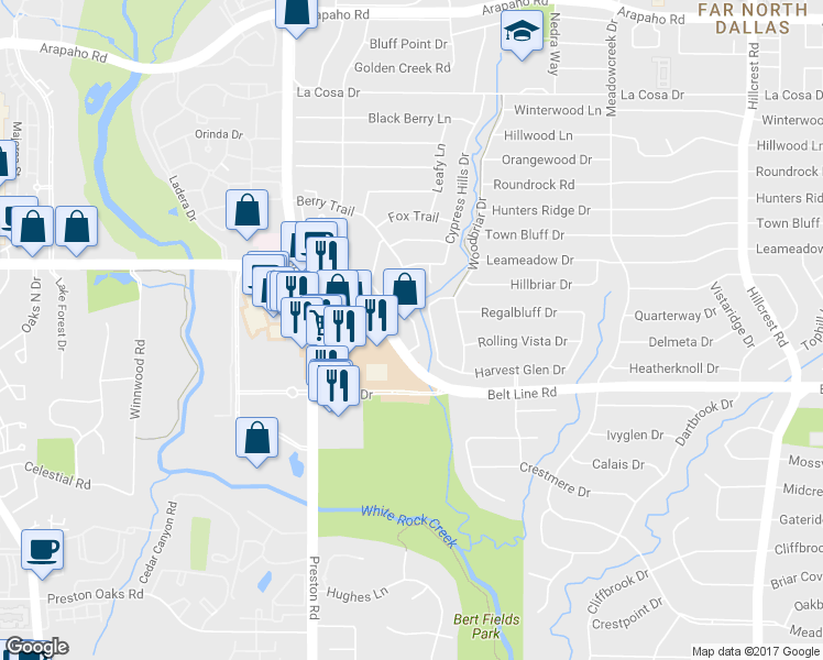 map of restaurants, bars, coffee shops, grocery stores, and more near 6507 Westgate Drive in Dallas