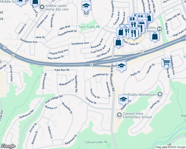 map of restaurants, bars, coffee shops, grocery stores, and more near 9066 Pimpernel Drive in San Diego