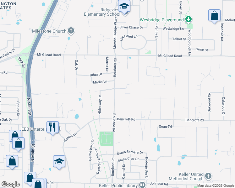 map of restaurants, bars, coffee shops, grocery stores, and more near 1117 Bourland Road in Keller