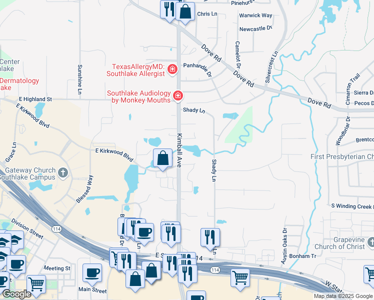 map of restaurants, bars, coffee shops, grocery stores, and more near 801 North Kimball Avenue in Southlake