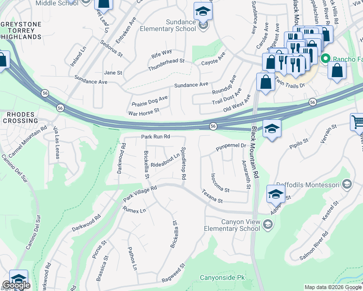 map of restaurants, bars, coffee shops, grocery stores, and more near 12646 Spindletop Road in San Diego