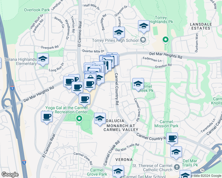 map of restaurants, bars, coffee shops, grocery stores, and more near 12674 Carmel Country Road in San Diego