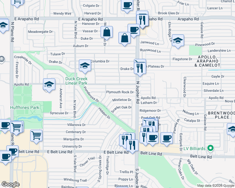 map of restaurants, bars, coffee shops, grocery stores, and more near 2012 Plymouth Rock Drive in Richardson