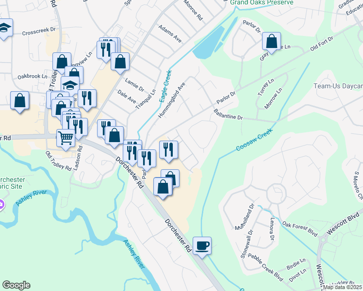 map of restaurants, bars, coffee shops, grocery stores, and more near 5300 Patron Place in Summerville