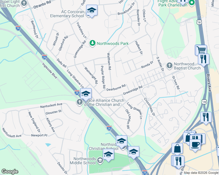 map of restaurants, bars, coffee shops, grocery stores, and more near 8113 Waltham Road in North Charleston