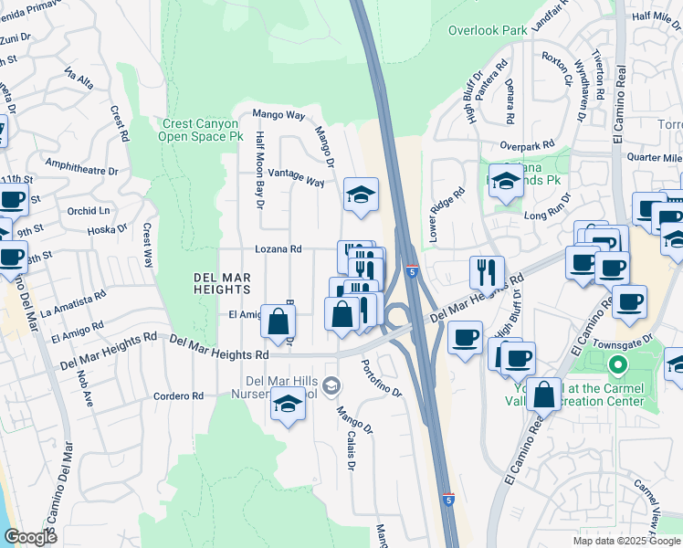 map of restaurants, bars, coffee shops, grocery stores, and more near 14011 Mango Drive in Del Mar