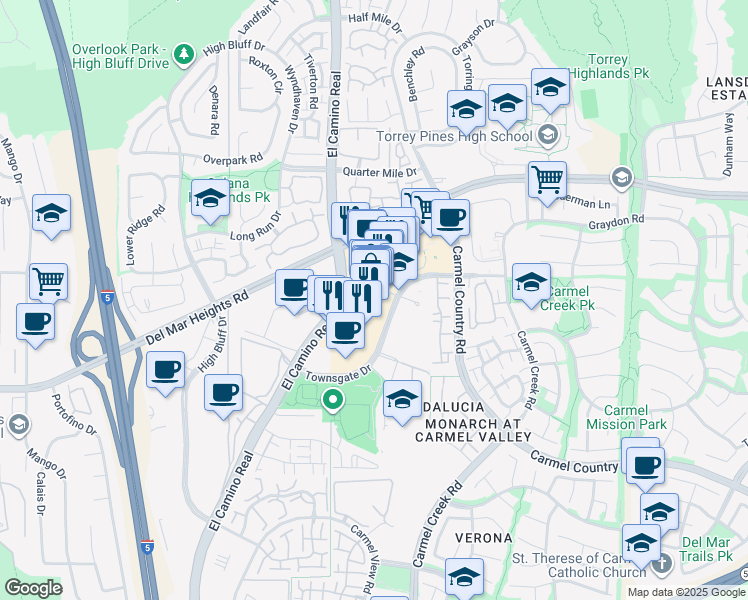 map of restaurants, bars, coffee shops, grocery stores, and more near 12925 El Camino Real in San Diego