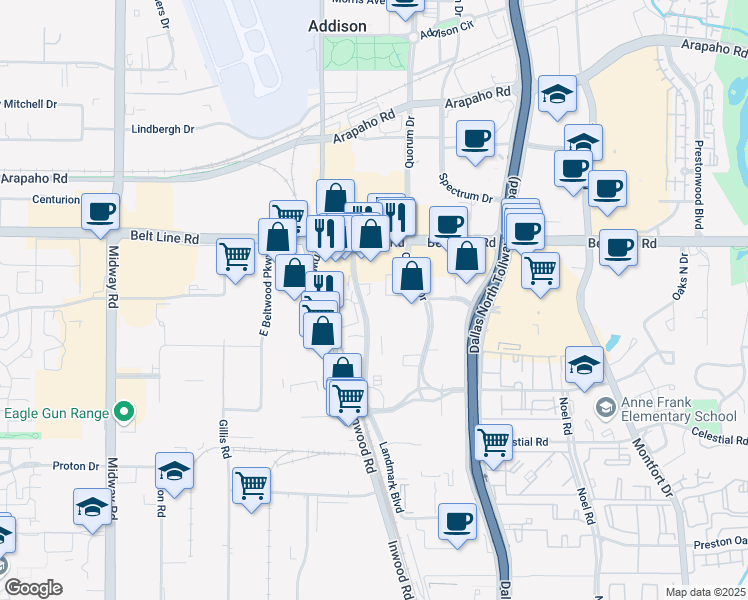 map of restaurants, bars, coffee shops, grocery stores, and more near 14930 Landmark Boulevard in Dallas