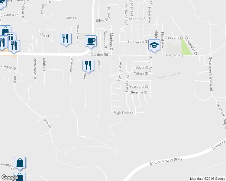 map of restaurants, bars, coffee shops, grocery stores, and more near 12919 Neddick Avenue in Poway