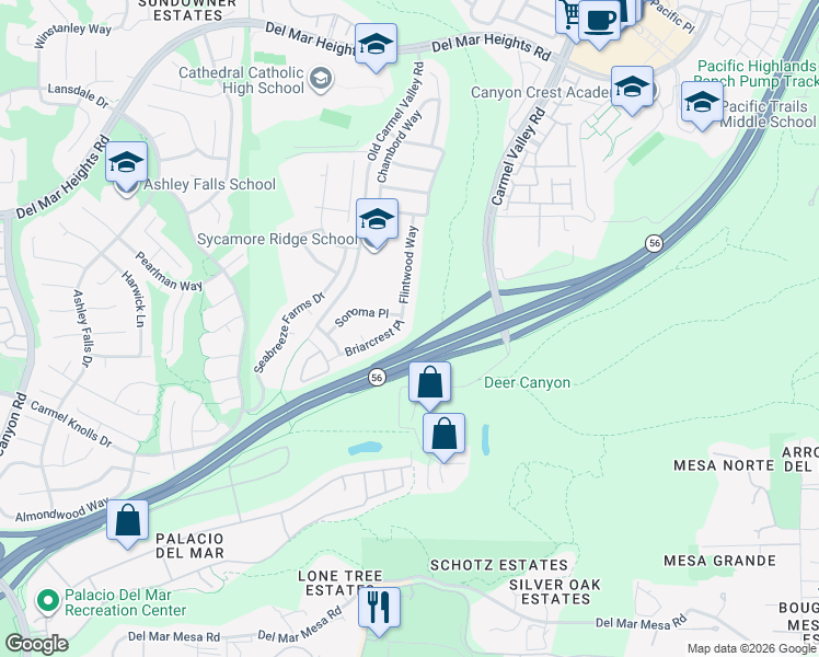 map of restaurants, bars, coffee shops, grocery stores, and more near 12875 Flintwood Way in San Diego