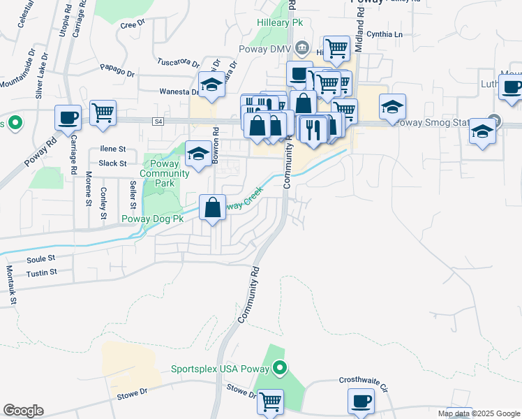 map of restaurants, bars, coffee shops, grocery stores, and more near 13327 Casa Vista Street in Poway
