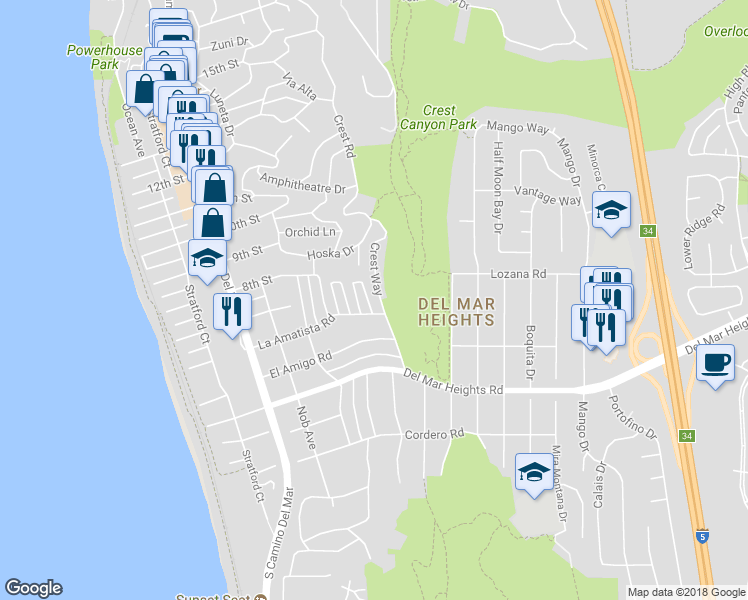 map of restaurants, bars, coffee shops, grocery stores, and more near 14030 Crest Way in Del Mar