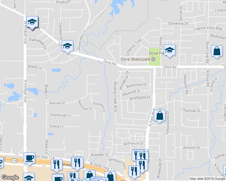 map of restaurants, bars, coffee shops, grocery stores, and more near 1085 Winding Creek West Drive in Grapevine