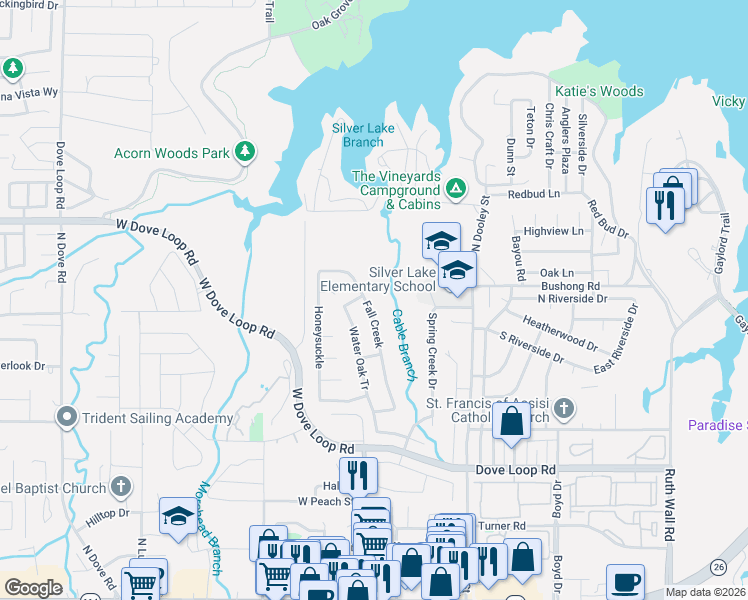 map of restaurants, bars, coffee shops, grocery stores, and more near 964 Fall Creek in Grapevine
