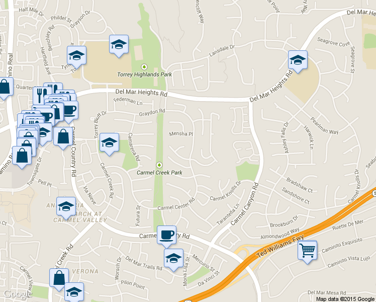 map of restaurants, bars, coffee shops, grocery stores, and more near 12887 Pine Meadow Court in San Diego