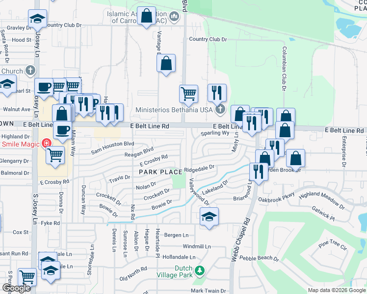 map of restaurants, bars, coffee shops, grocery stores, and more near 2247 Reagan Boulevard in Carrollton