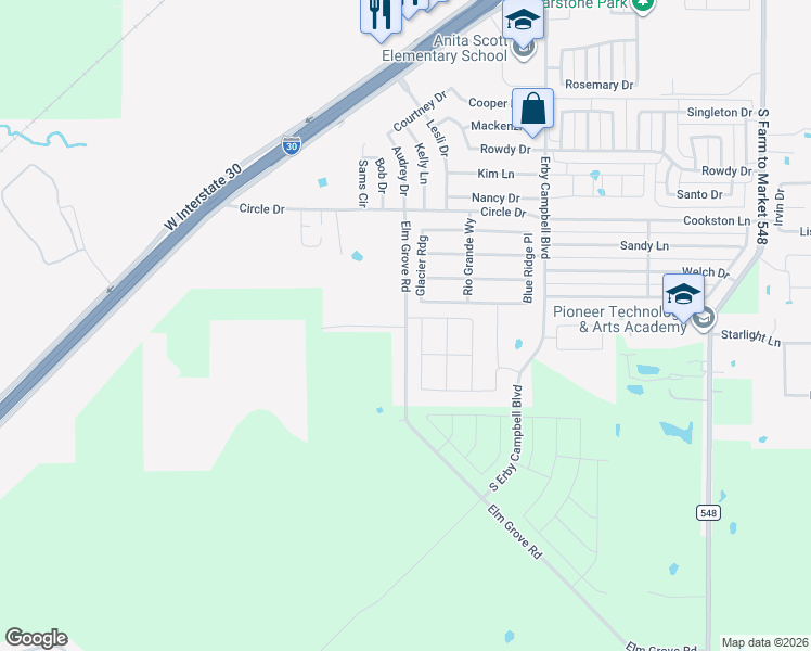 map of restaurants, bars, coffee shops, grocery stores, and more near 2352 Elm Grove Road in Royse City
