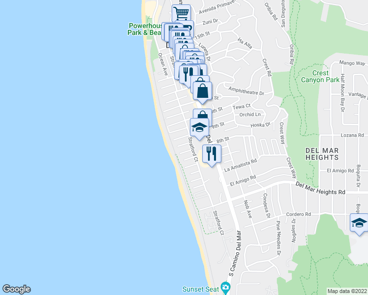 map of restaurants, bars, coffee shops, grocery stores, and more near 134 8th Street in Del Mar
