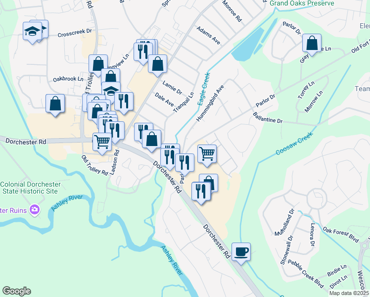 map of restaurants, bars, coffee shops, grocery stores, and more near 105 Hummingbird Avenue in Ladson