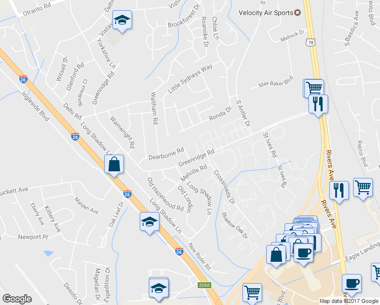 map of restaurants, bars, coffee shops, grocery stores, and more near 8110 Dearborne Road in Charleston