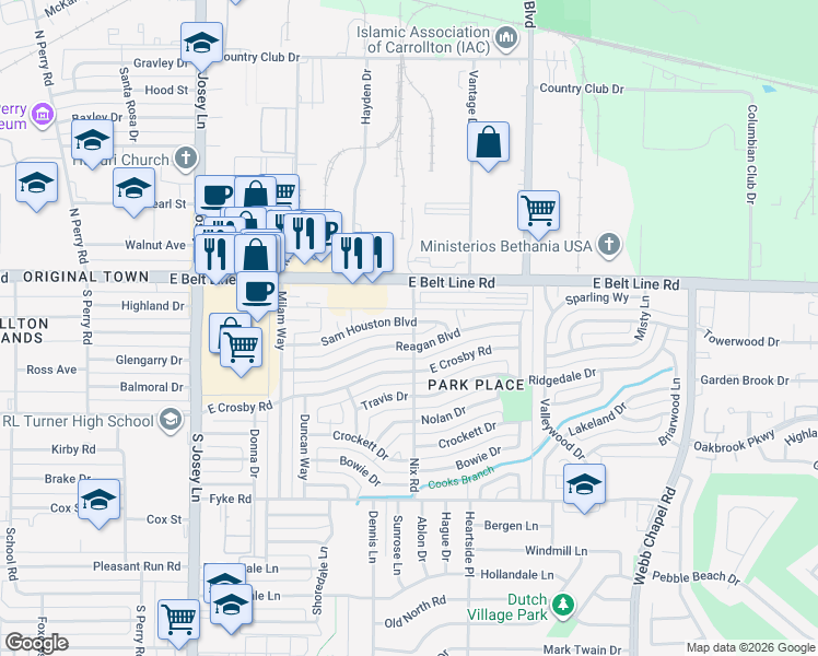 map of restaurants, bars, coffee shops, grocery stores, and more near 2124 Sam Houston Boulevard in Carrollton