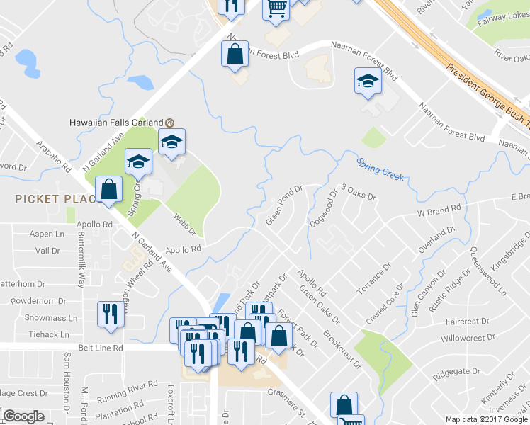 map of restaurants, bars, coffee shops, grocery stores, and more near 1227 Forest Cove Lane in Garland