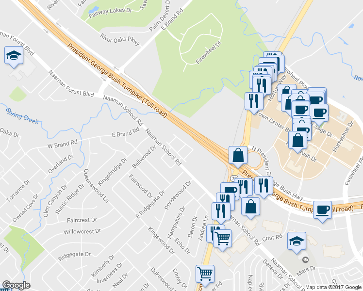 map of restaurants, bars, coffee shops, grocery stores, and more near 313 Basil Street in Garland