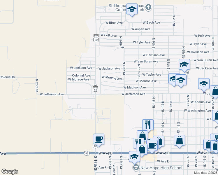map of restaurants, bars, coffee shops, grocery stores, and more near 1501 West Madison Avenue in Lovington