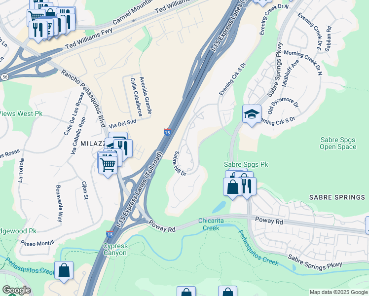 map of restaurants, bars, coffee shops, grocery stores, and more near 10796 Sabre Hill Drive in San Diego