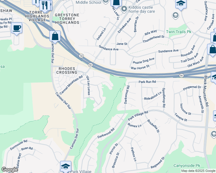 map of restaurants, bars, coffee shops, grocery stores, and more near 8376 Via Panacea in San Diego