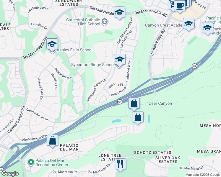 map of restaurants, bars, coffee shops, grocery stores, and more near 5408 Sonoma Place in San Diego