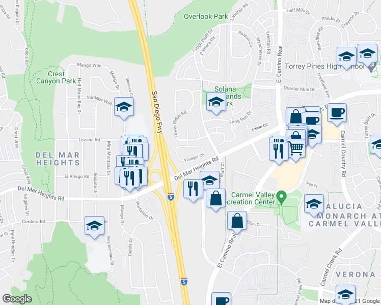 map of restaurants, bars, coffee shops, grocery stores, and more near 3503 Voyager Circle in San Diego
