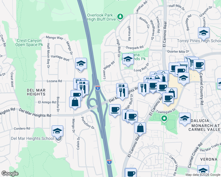 map of restaurants, bars, coffee shops, grocery stores, and more near 3503 Voyager Circle in San Diego
