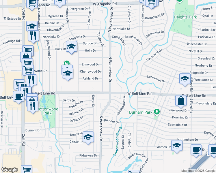map of restaurants, bars, coffee shops, grocery stores, and more near 104 North Waterview Drive in Richardson
