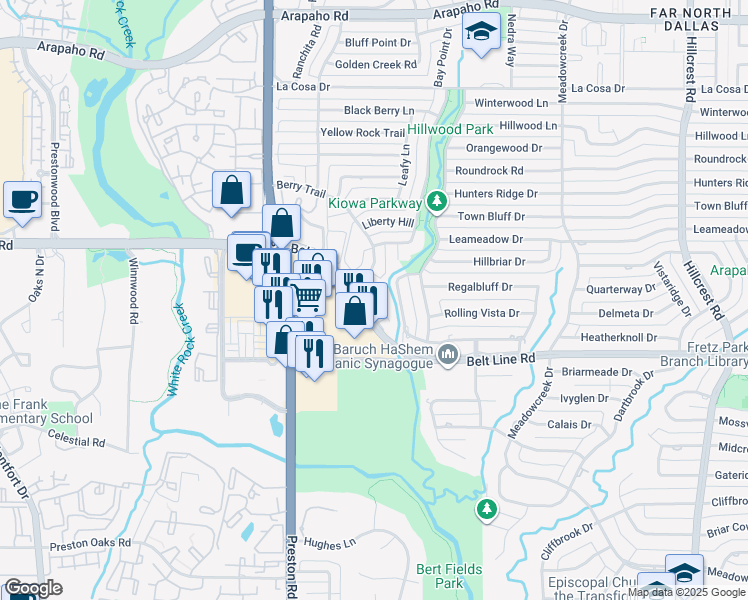 map of restaurants, bars, coffee shops, grocery stores, and more near 6507 Westgate Drive in Dallas