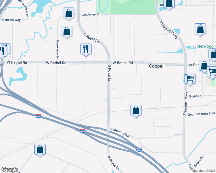 map of restaurants, bars, coffee shops, grocery stores, and more near Royal Lane in Coppell