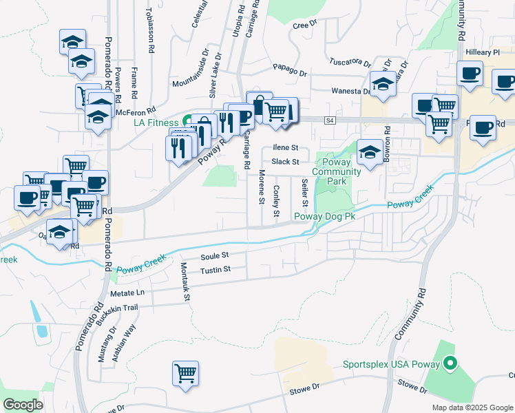 map of restaurants, bars, coffee shops, grocery stores, and more near 12738 La Vista Way in Poway